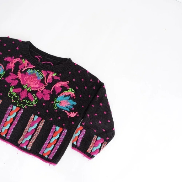 Vintage Black Knit with Neon Floral Yarn Design Crewneck Crop Sweater M - Picture 6 of 13